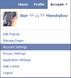 Facebook account settings in menu